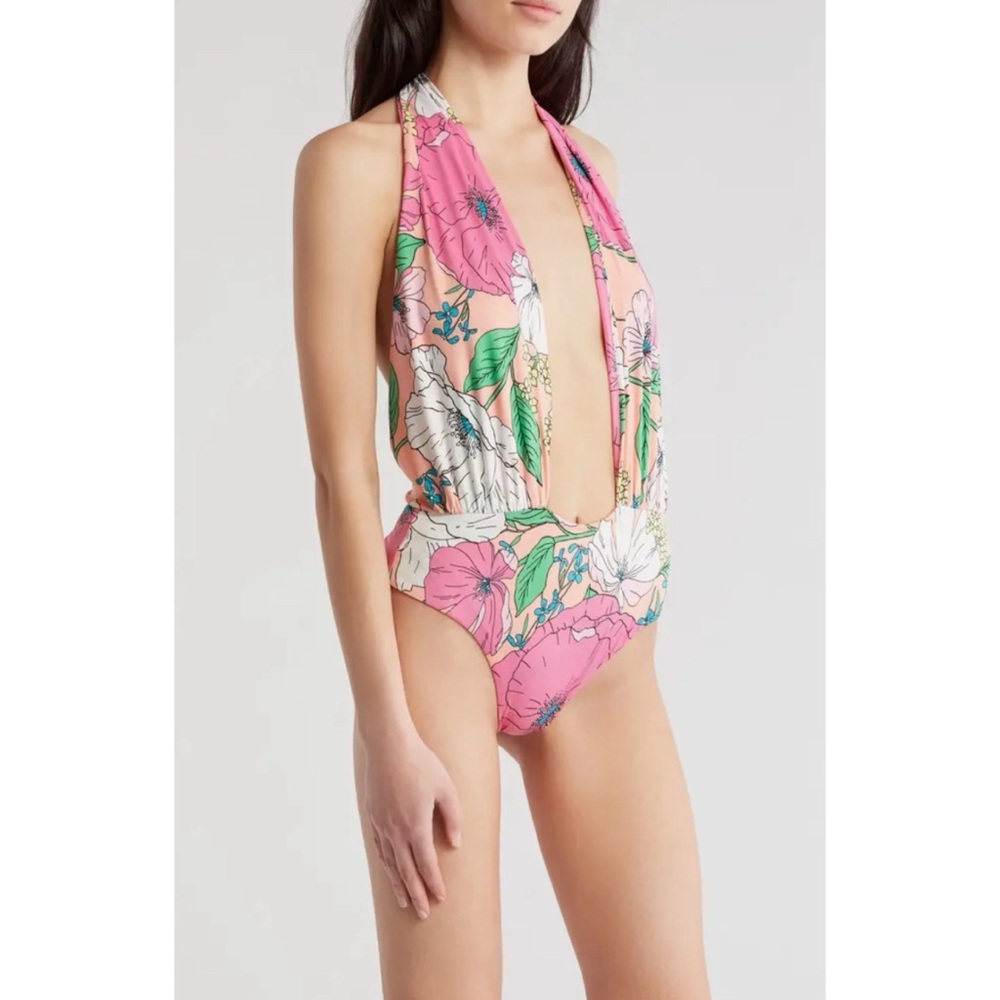 AFRM Spring Blush Bouquet Rosa Cross Halter Plunge Neck Bodysuit, M